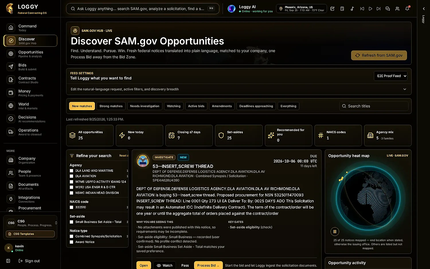 Real Loggy Discover interface with federal opportunity search and results