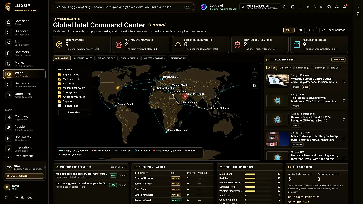 Real Loggy World and Markets map with event and route context